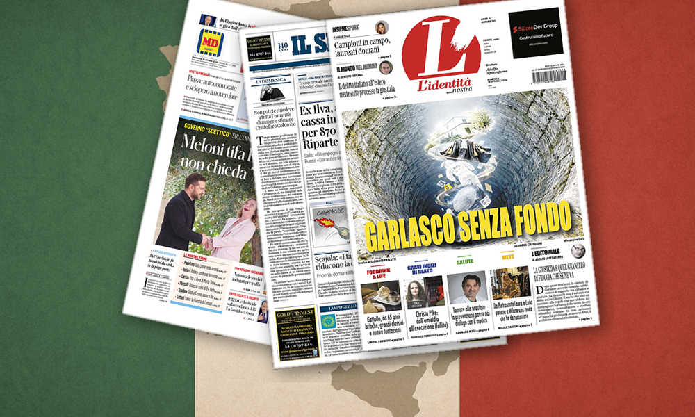 Collage delle prime pagine analizzate: Piazze e palazzi, l9talia in bilico