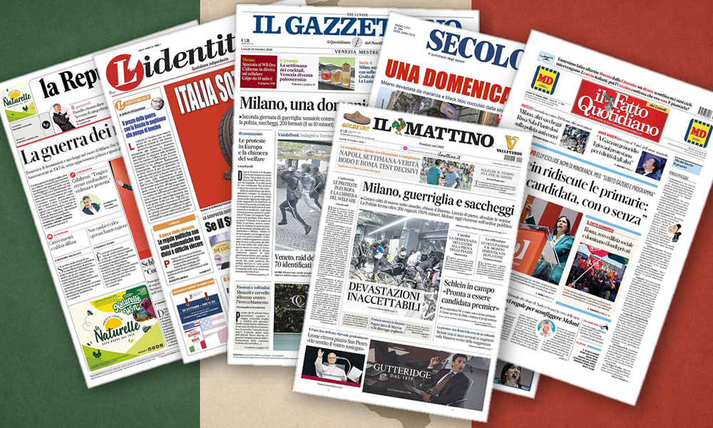Collage delle prime pagine analizzate: Milano in fiamme, Schlein in corsa, scontro sulle toghe