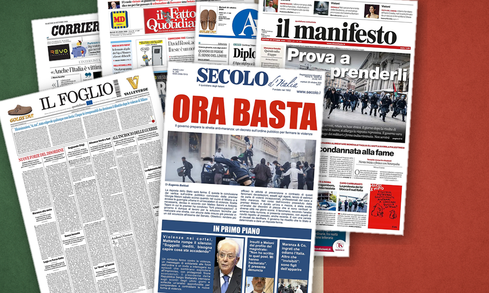 Collage delle prime pagine analizzate: Milano blindata, Italia divisa