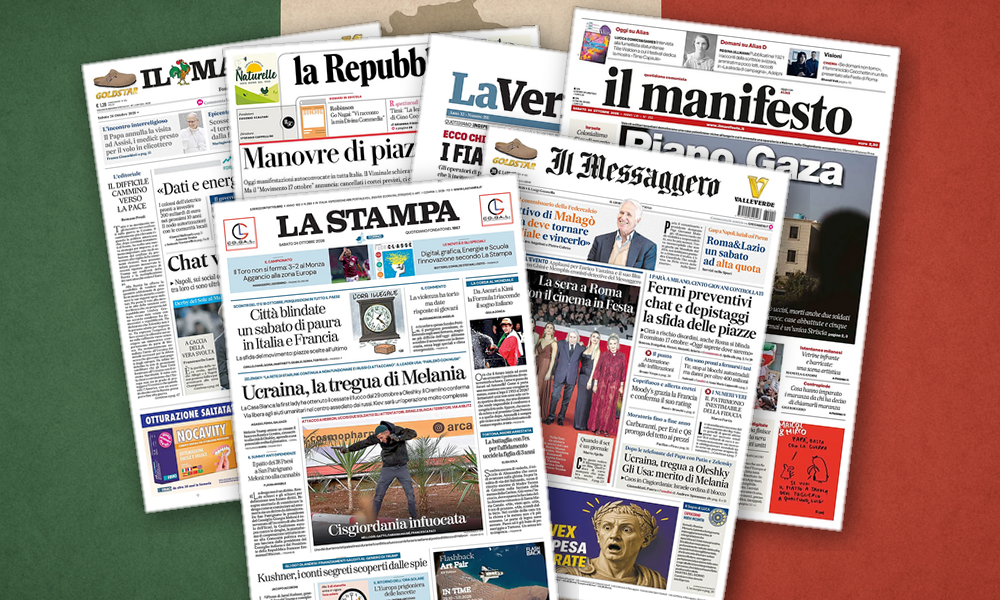 Collage delle prime pagine analizzate: Piazze blindate e tregue: l’Italia si specchia