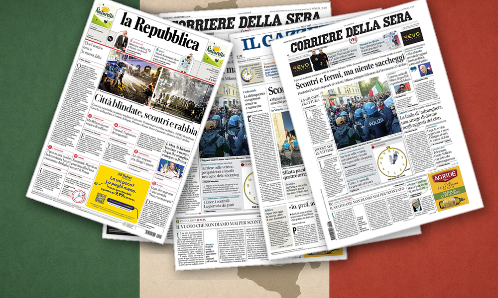 Collage delle prime pagine analizzate: Sicurezza, proteste e fratture del Paese