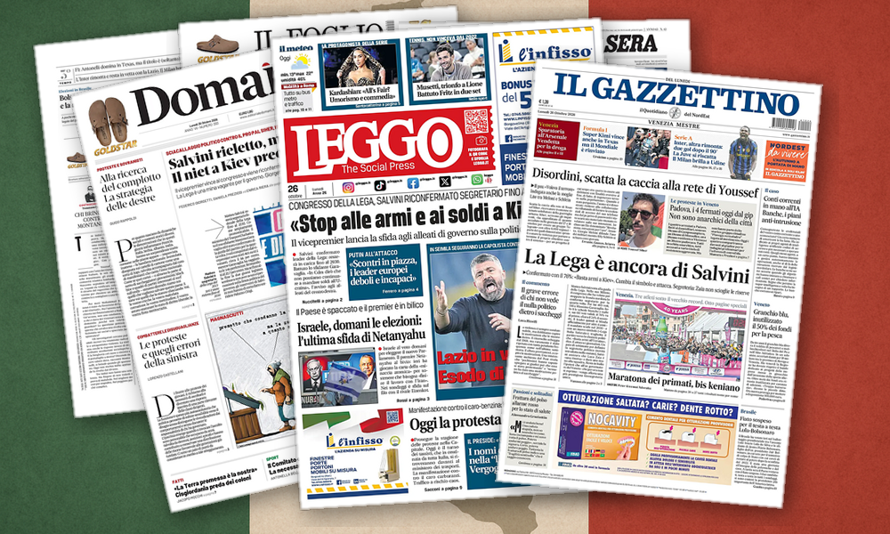 Collage delle prime pagine analizzate: Piazze, Lega e Israele: l’Italia si specchia