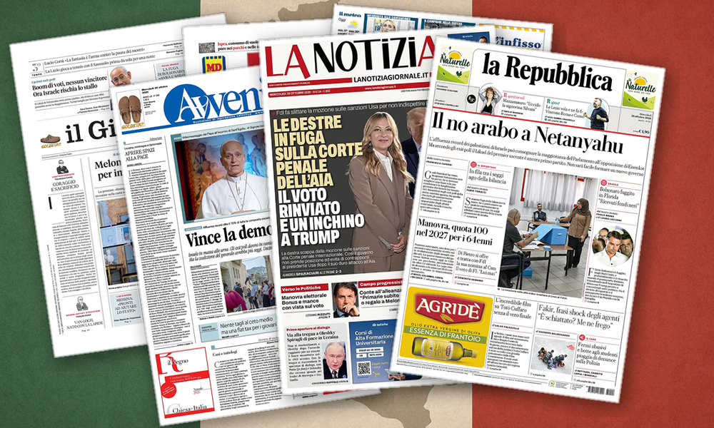 Collage delle prime pagine analizzate: Israele, manovra e ordine pubblico dividono