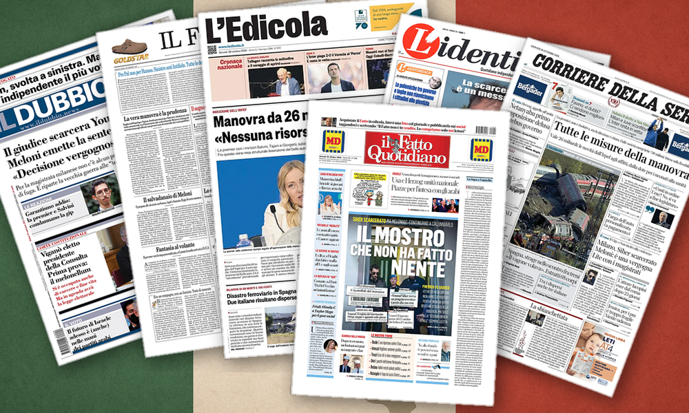 Collage delle prime pagine analizzate: Manovra, toghe e Bibi: l’Italia si divide