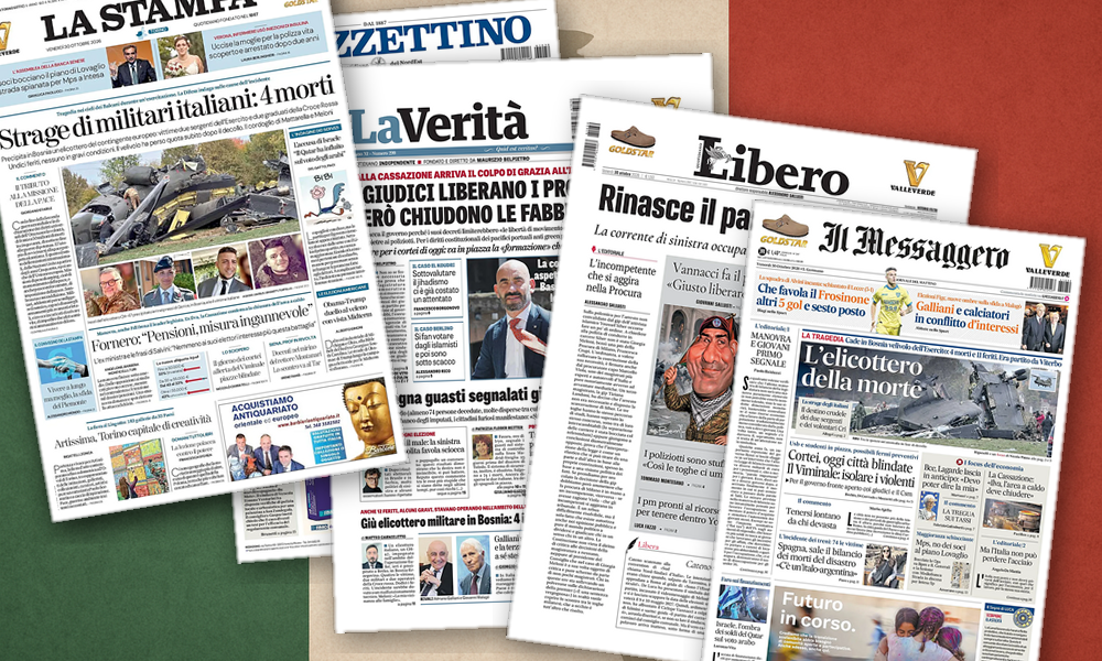 Collage delle prime pagine analizzate: Lutto, fabbriche, piazze: l’Italia divisa in prima pagina