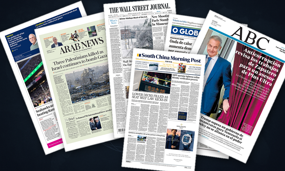 Collage delle prime pagine analizzate: Minnesota in fiamme, gelo e tariffe agitano le Americhe