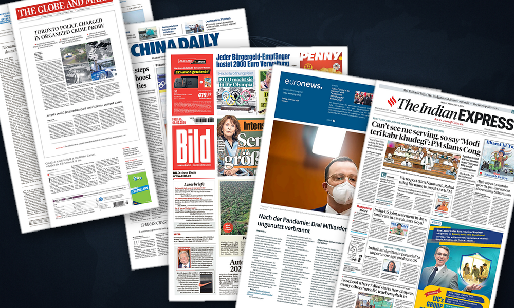 Collage delle prime pagine analizzate: Giustizia scossa, accordi e Olimpiadi dividono le Americhe