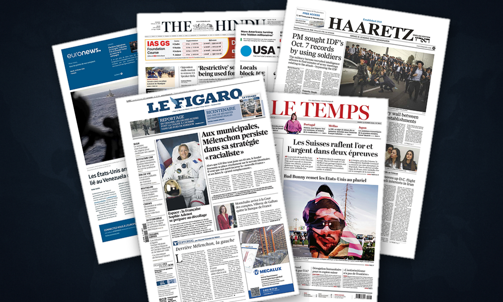 Collage delle prime pagine analizzate: Migrazioni, Trump e scosse economiche