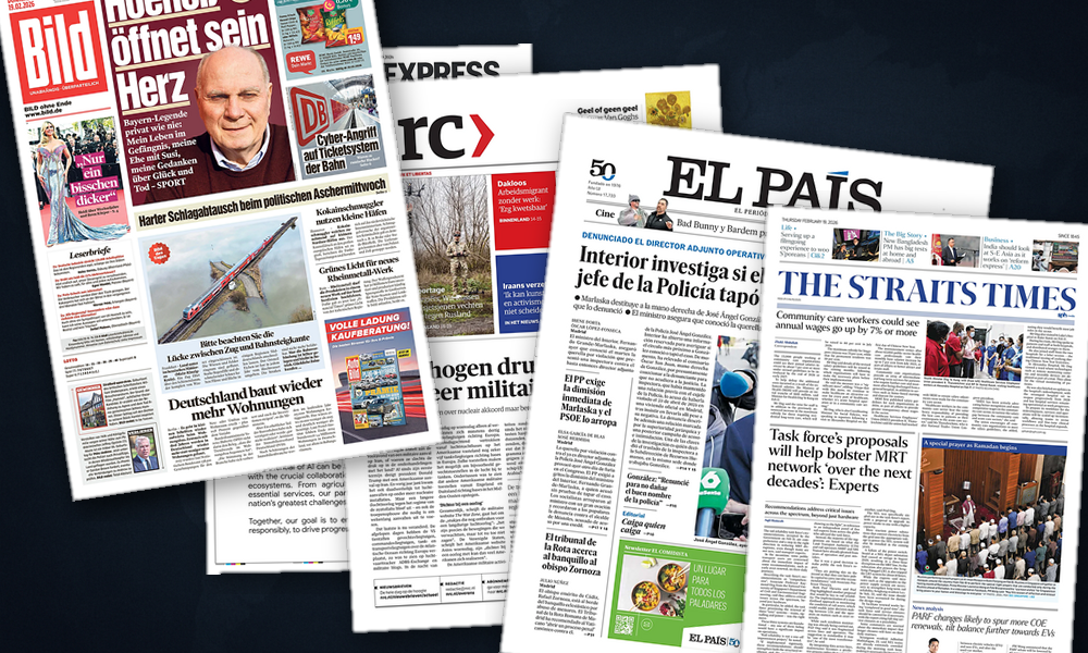 Collage delle prime pagine analizzate: Dai jet in Medio Oriente ai social dei minori