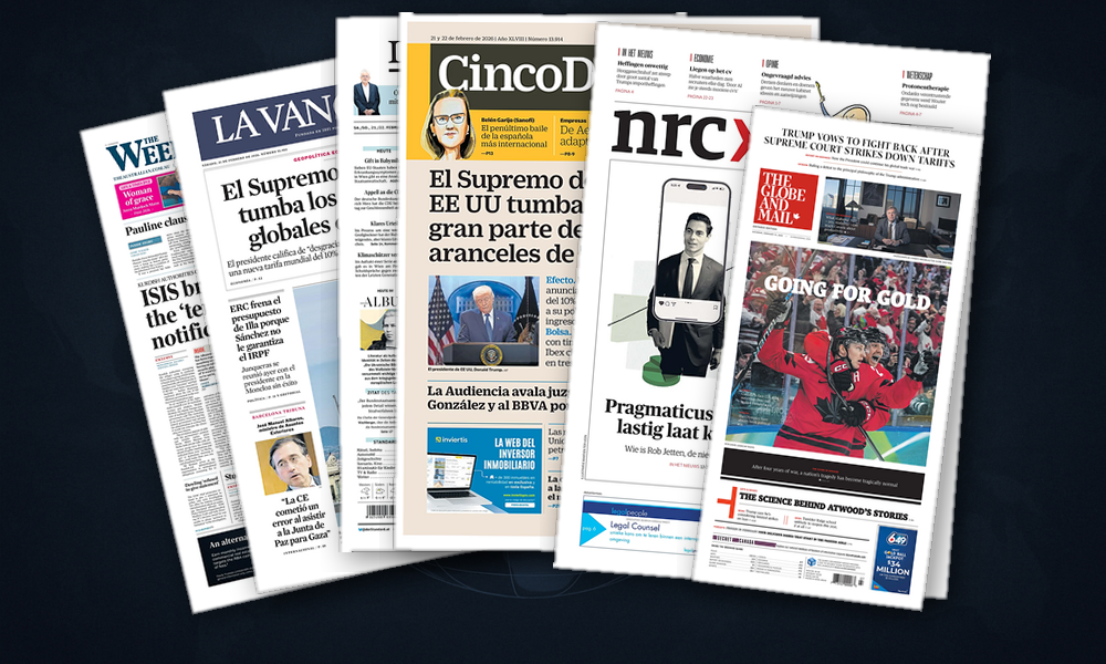 Collage delle prime pagine analizzate: Tariffe, Iran e mercati dividono le Americhe