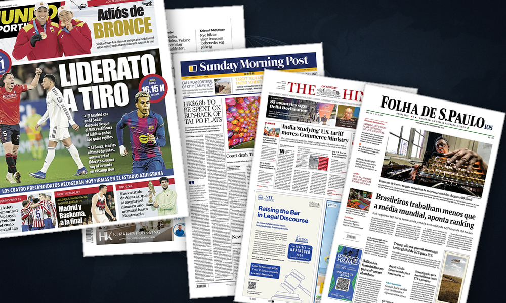 Collage delle prime pagine analizzate: Dazi, tribunali e sicurezza in prima pagina