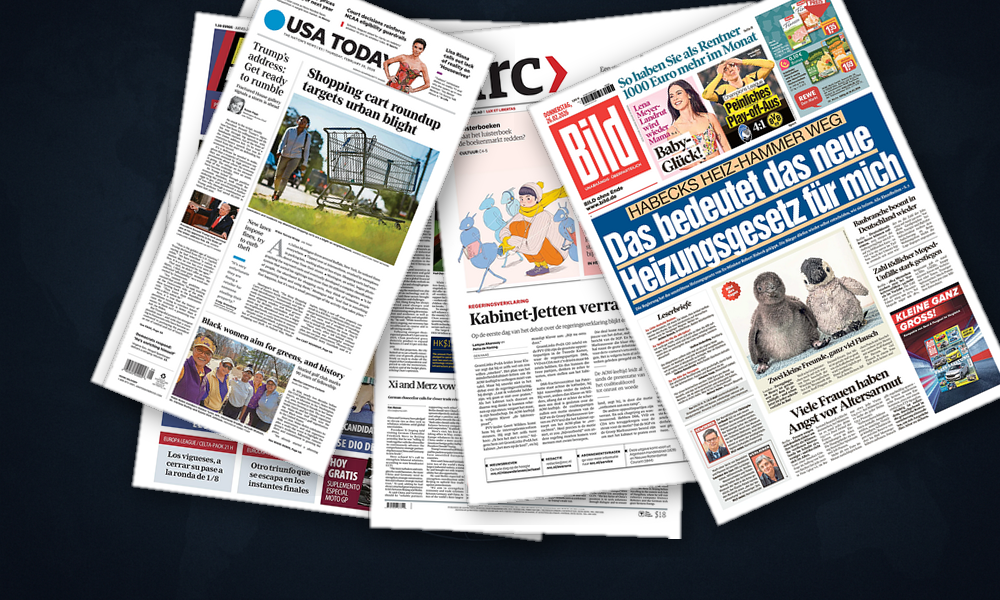 Collage delle prime pagine analizzate: Giustizia in Brasile, tensioni e Trump negli USA