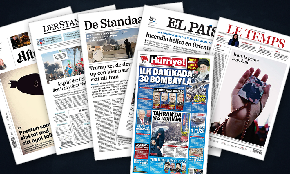 Collage delle prime pagine analizzate: Iran in fiamme, Americhe in allerta