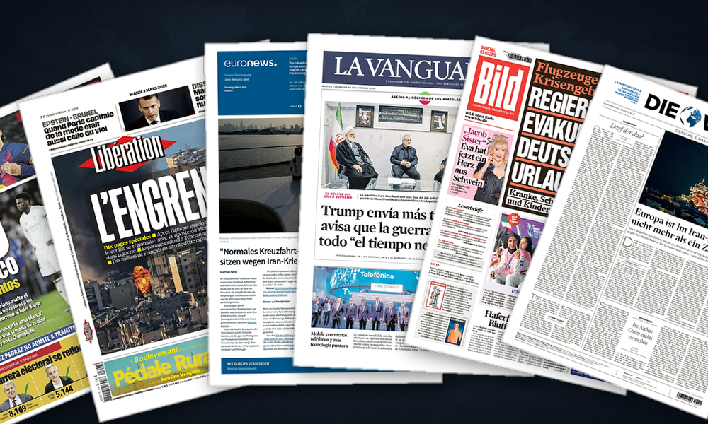 Collage delle prime pagine analizzate: Guerra in Iran, mercati e fratture americane