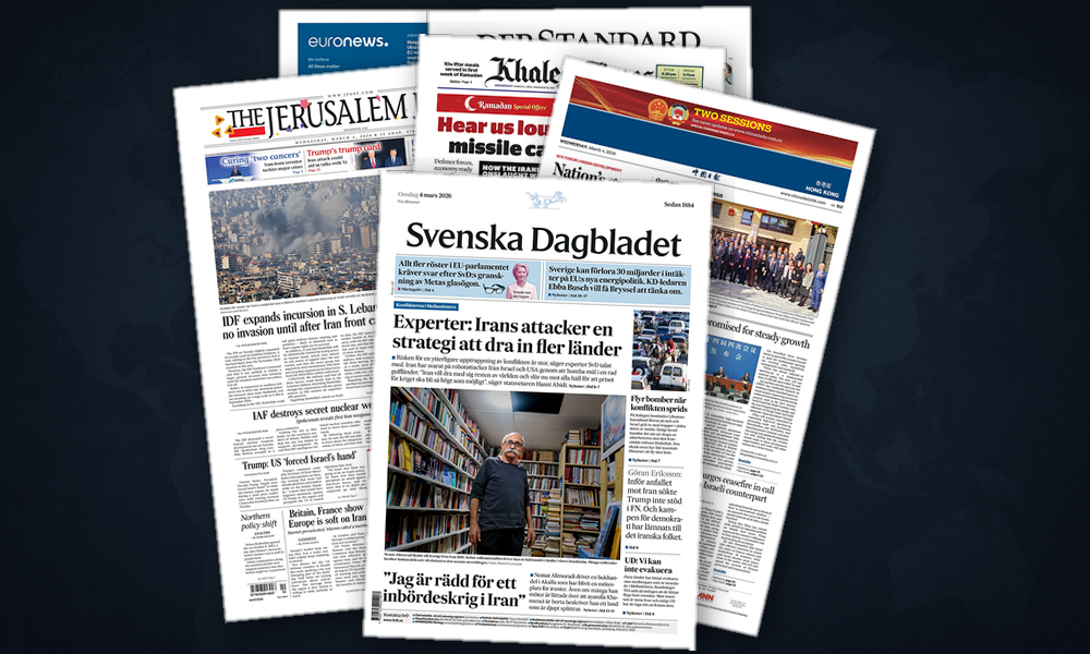 Collage delle prime pagine analizzate: Guerra, mercati e potere in prima pagina