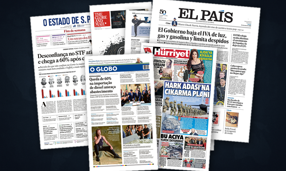 Collage delle prime pagine analizzate: Guerra, energia e istituzioni scuotono le Americhe