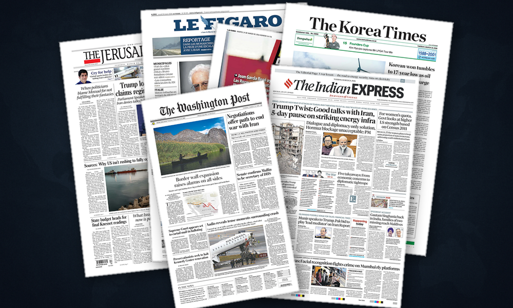 Collage delle prime pagine analizzate: Negoziati con l’Iran, caos aeroporti e muri