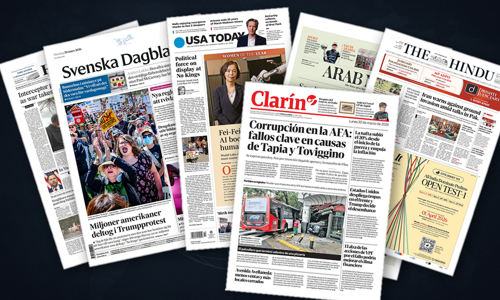 Collage delle prime pagine analizzate: Guerra, proteste e scosse economiche nelle Americhe