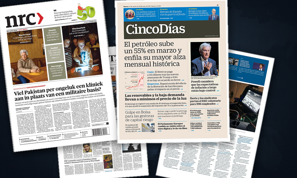 Collage delle prime pagine analizzate: Ormuz, aeroporti e politica dividono le Americhe