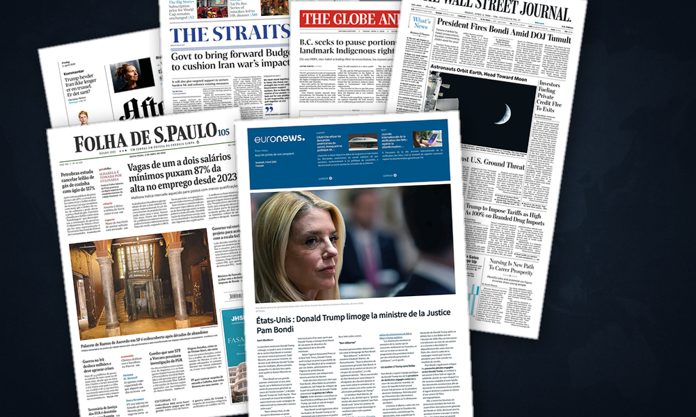 Collage delle prime pagine analizzate: Bondi, Iran e carburanti agitano le Americhe