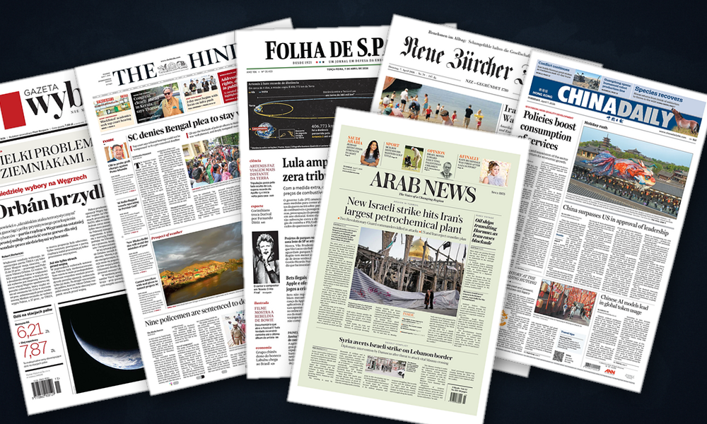 Collage delle prime pagine analizzate: Iran e Luna dominano le Americhe