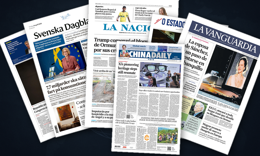 Collage delle prime pagine analizzate: Ormuz, Papa e politica: il continente in tensione