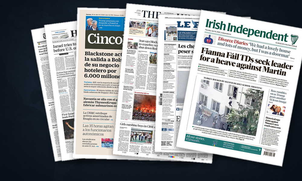 Collage delle prime pagine analizzate: Tensioni USA, economie sotto pressione nelle Americhe