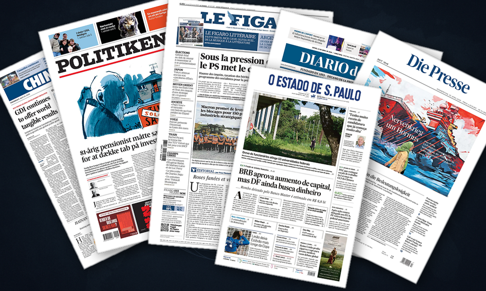 Collage delle prime pagine analizzate: Ormuz, politica USA e scosse economiche