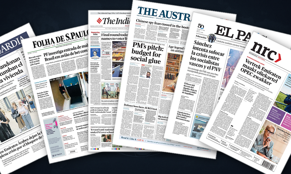 Collage delle prime pagine analizzate: Petrolio, Re Carlo e scontro istituzionale