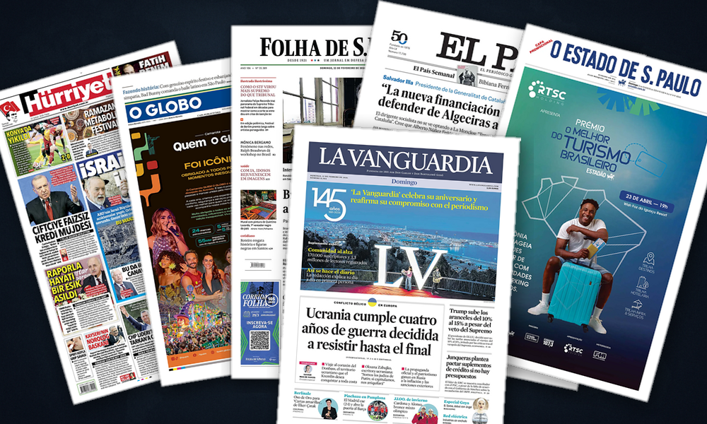 Collage delle prime pagine analizzate: Dazi, Iran e IA dominano le prime pagine