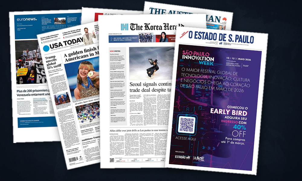 Collage delle prime pagine analizzate: Tariffe USA, Iran e sicurezza scuotono l’Asia