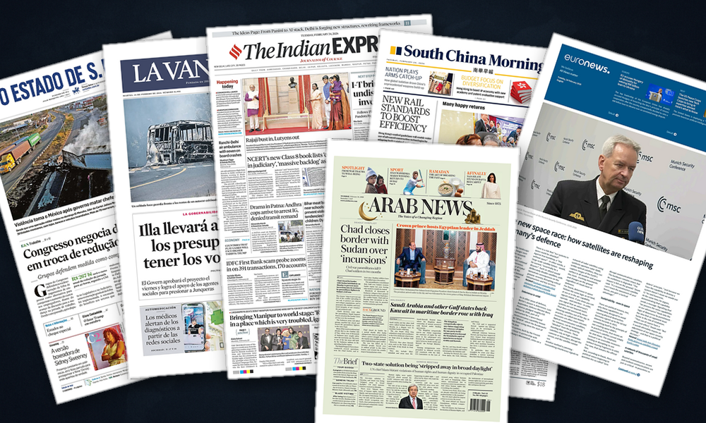 Collage delle prime pagine analizzate: Tariffe, Iran e sicurezza: lAsia in prima pagina
