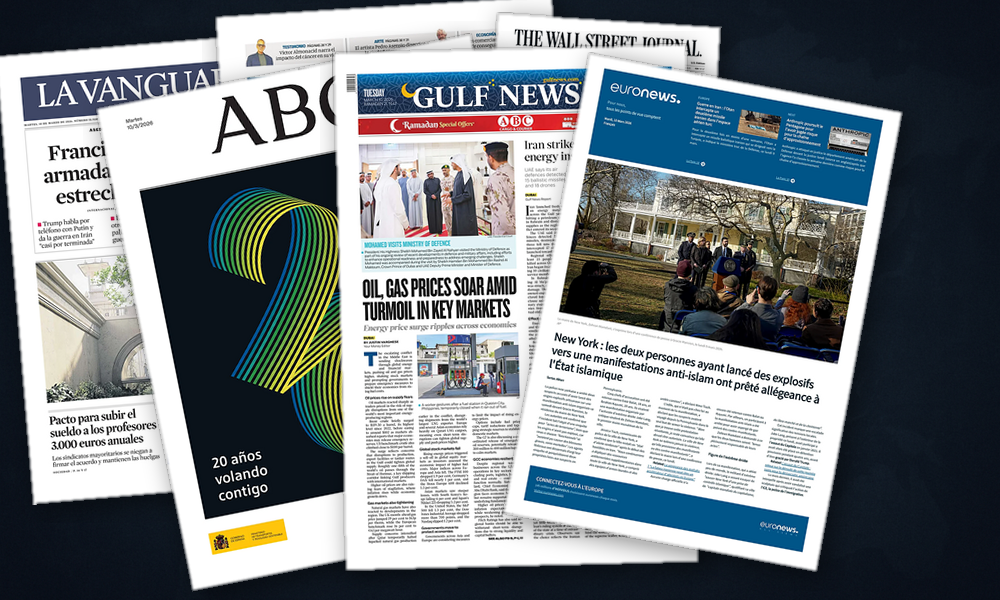 Collage delle prime pagine analizzate: Guerra, energia e stabilit e0: le prime pagine asiatiche