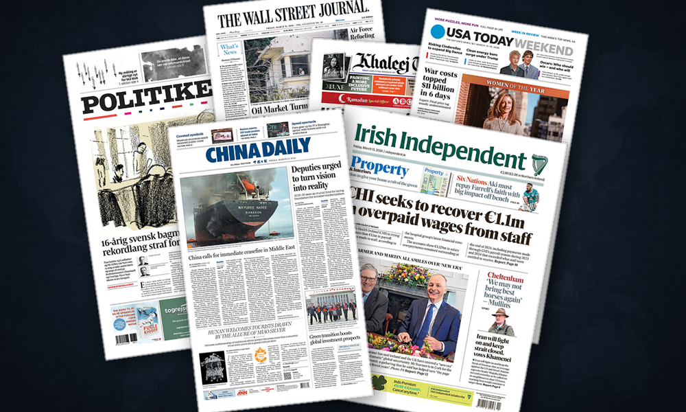 Collage delle prime pagine analizzate: Stretto di Hormuz e scosse sui mercati asiatici