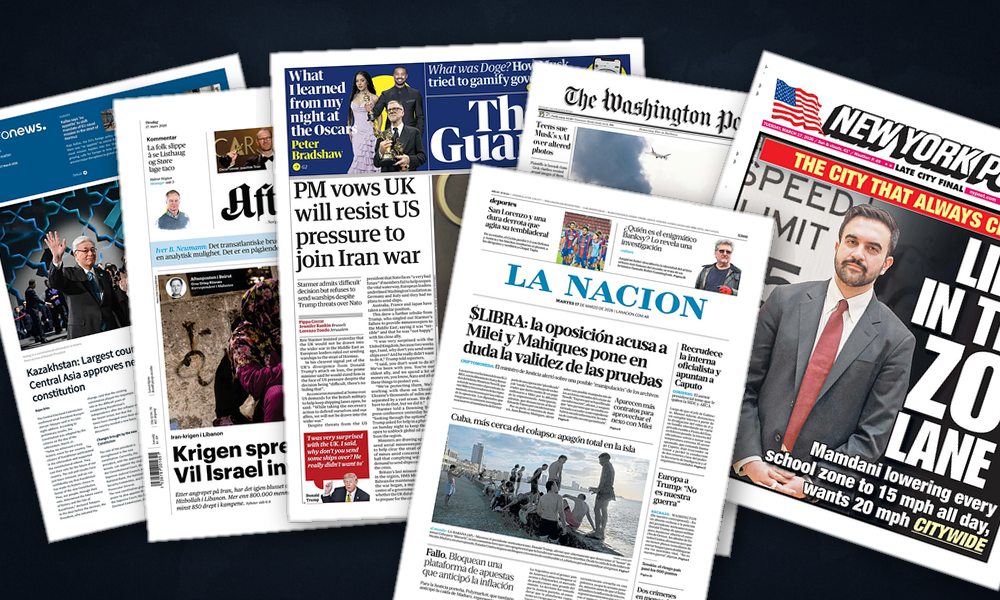 Collage delle prime pagine analizzate: Hormuz, dazi e resilienza: le prime pagine asiatiche