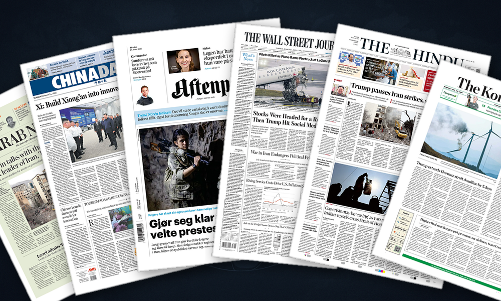 Collage delle prime pagine analizzate: Pausa armata nel Golfo, Asia in allerta