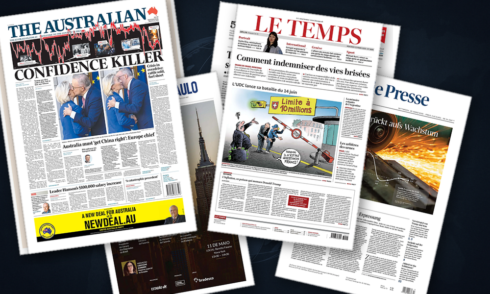 Collage delle prime pagine analizzate: Guerra, energia e priorità divergenti