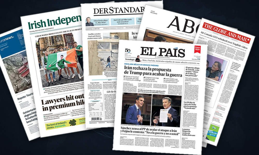 Collage delle prime pagine analizzate: Golfo in guerra, Asia sotto pressione