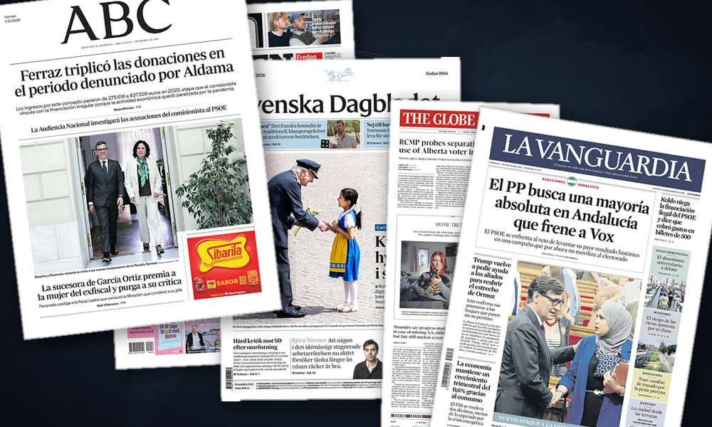Collage delle prime pagine analizzate: Crisi del Golfo e corsa all’AI