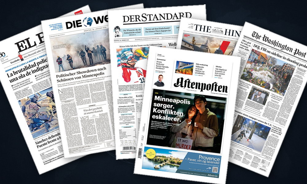 Collage delle prime pagine analizzate: Minneapolis scuote l’Europa, alleanze e casa