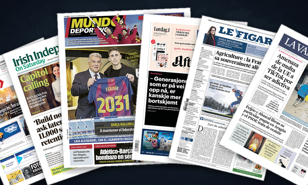 Collage delle prime pagine analizzate: Epstein scuote l’Europa, Vienna al bivio