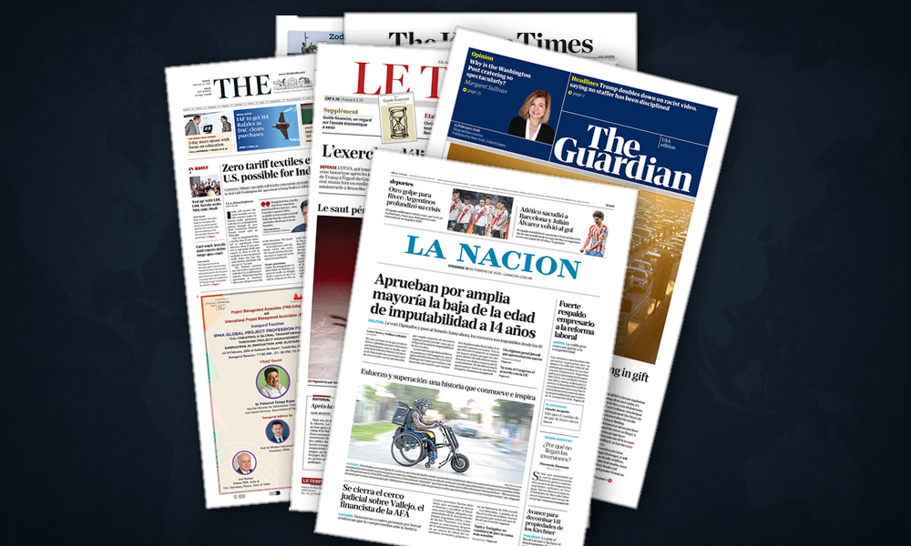 Collage delle prime pagine analizzate: Olimpiadi, autonomia europea e scosse politiche