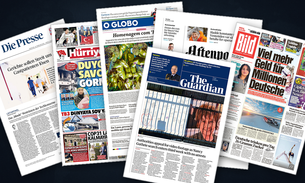 Collage delle prime pagine analizzate: Europa tra sicurezza, società ed economia in allarme