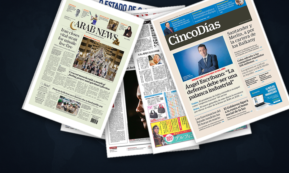 Collage delle prime pagine analizzate: Europa divisa tra sicurezza, frontiere e caso LFI
