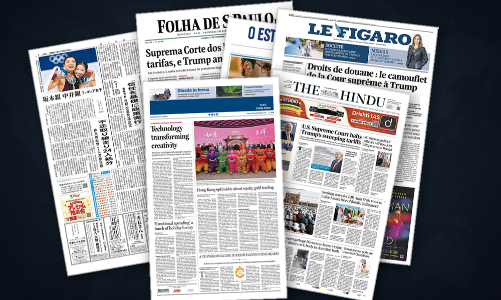 Collage delle prime pagine analizzate: Dazi, Ucraina e nervi scoperti in Europa