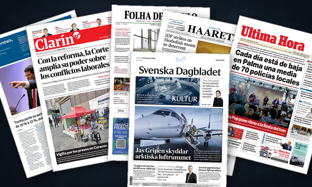 Collage delle prime pagine analizzate: Dazi USA, sicurezza e tensioni politiche