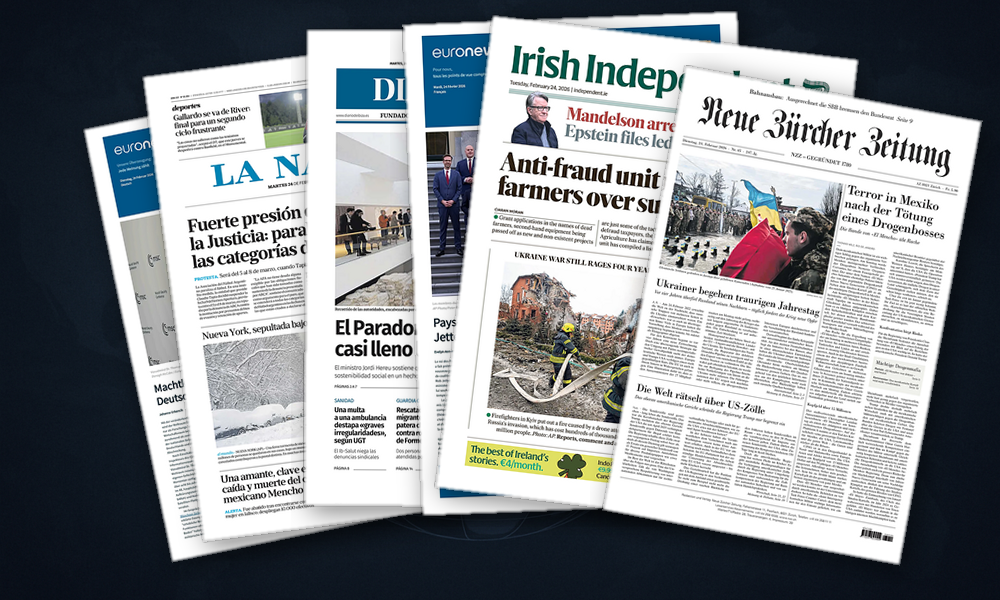 Collage delle prime pagine analizzate: Ucraina, dazi USA e Messico: l’Europa si divide