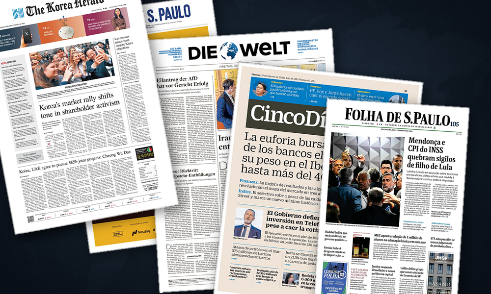 Collage delle prime pagine analizzate: WEF, Iran e migrazioni dominano