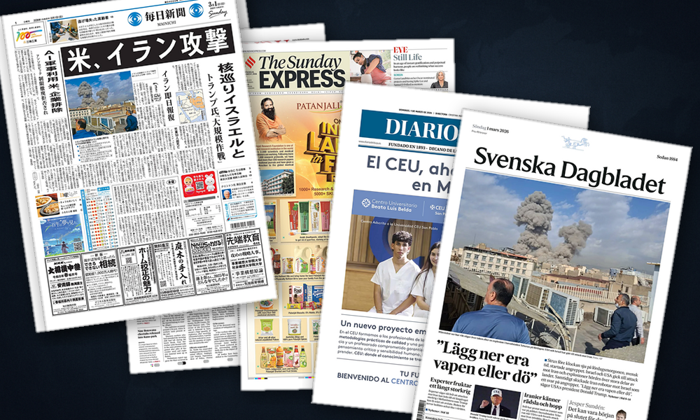 Collage delle prime pagine analizzate: Europa divisa sull’attacco a Teheran