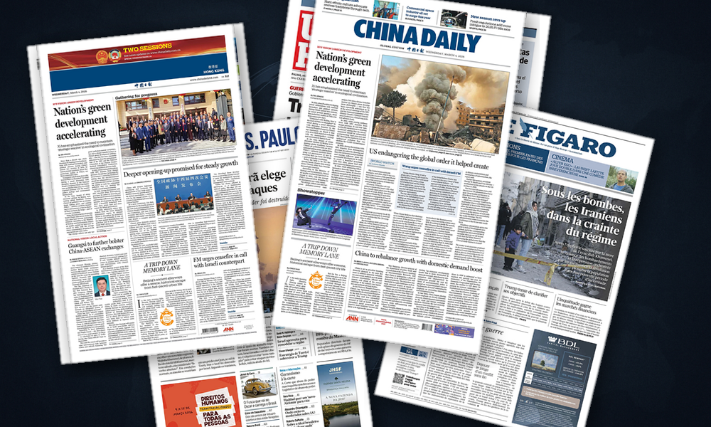 Collage delle prime pagine analizzate: Guerra in Iran, caro energia e fratture europee